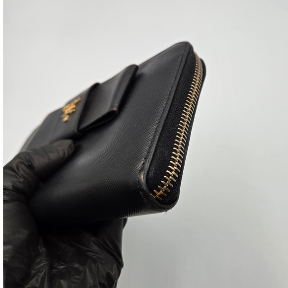 Prada Black Saffiano Leather Zip Around Continental Bow Wallet